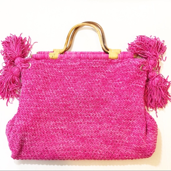 Large bright pink retro 80’s woven hand bag - Picture 1 of 8